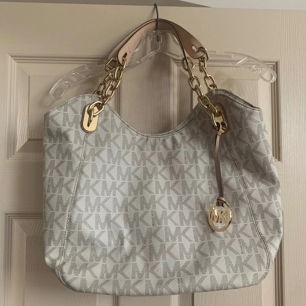 Michael Kors Beige Logo Leather Shoulder Handbag